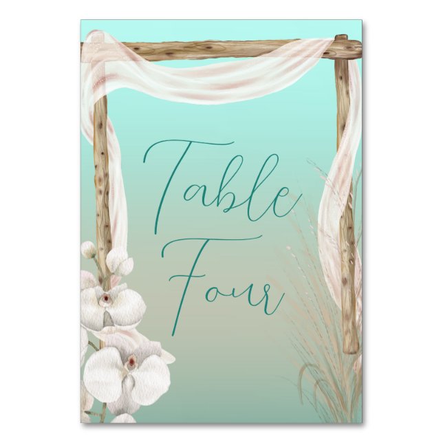 Orchids & Boho Arch on the Beach Wedding Table Number (Front)