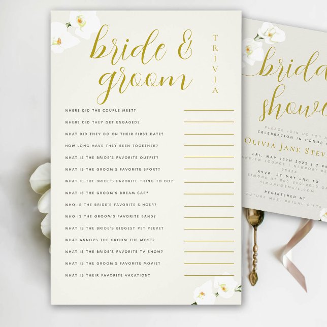 Orchids Bridal Shower Game Bride Groom Trivia Ecru Flyer (bridal shower game bride groom trivia orchids ecru ivory gold calligraphy)