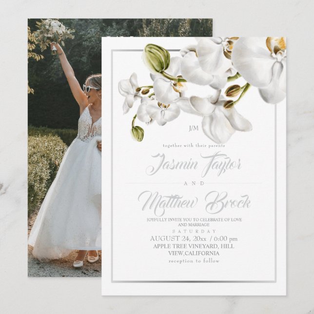 Orchids Frame Elegant Wedding Photo Invitation (Front/Back)