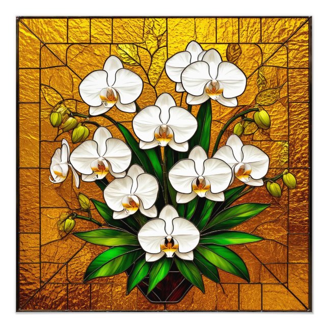 Orchids in a Stained Glass Artwork With Gold Photo Print (Front)