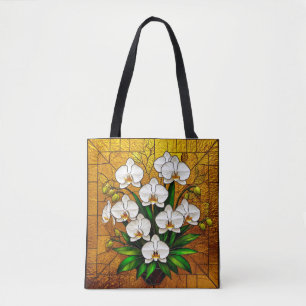 Orchids in a Stained Glass Artwork With Gold Tote Bag