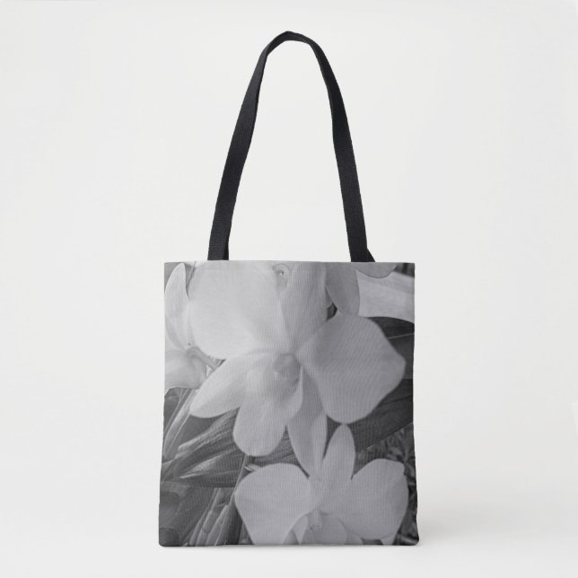 Orchids in grayscale on all-over printed tote bag (Front)