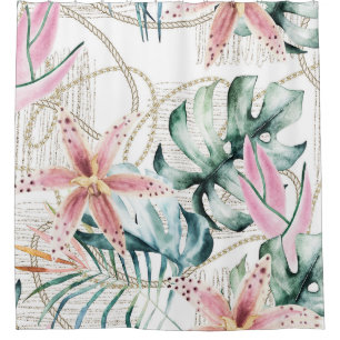 Orchids Leaves Gold Chains Tropical Shower Curtain