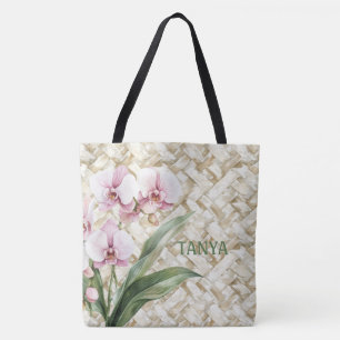 Orchids on Woven Pattern Personalised Tote Bag