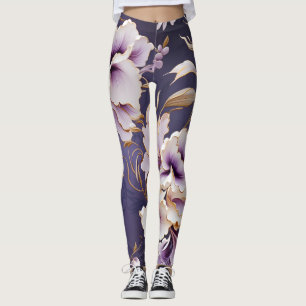 Orchids Pattern - Violet White and Gold Leggings