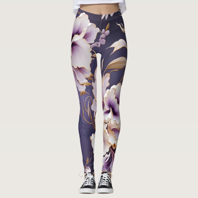Orchids Pattern - Violet White and Gold Leggings (Front)