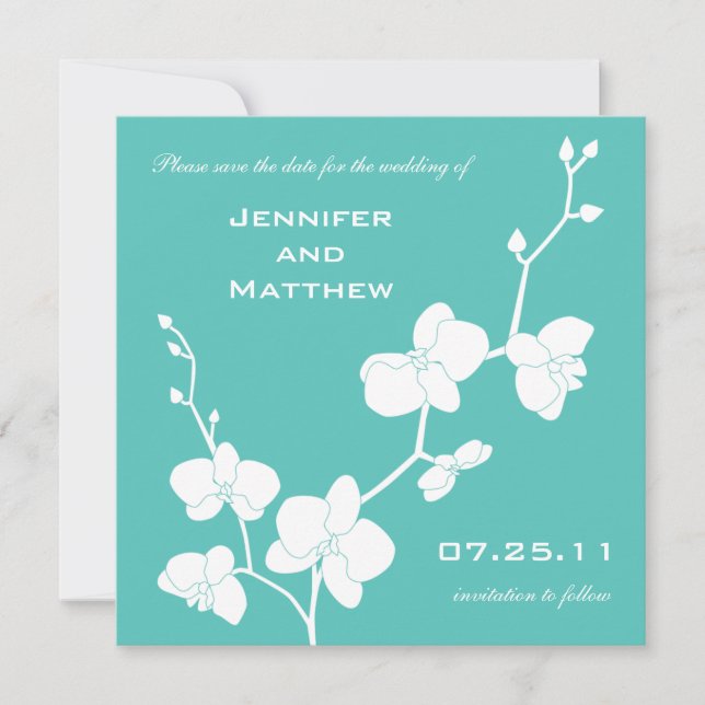Orchids Save the Date - Turquoise Blue and White (Front)