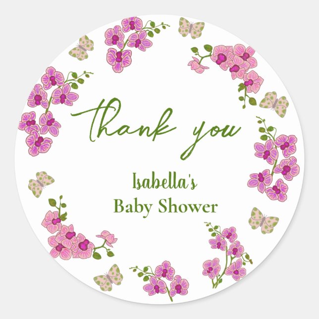 Orchids Tropical Butterfly Purple Pin Baby Shower  Classic Round Sticker (Front)