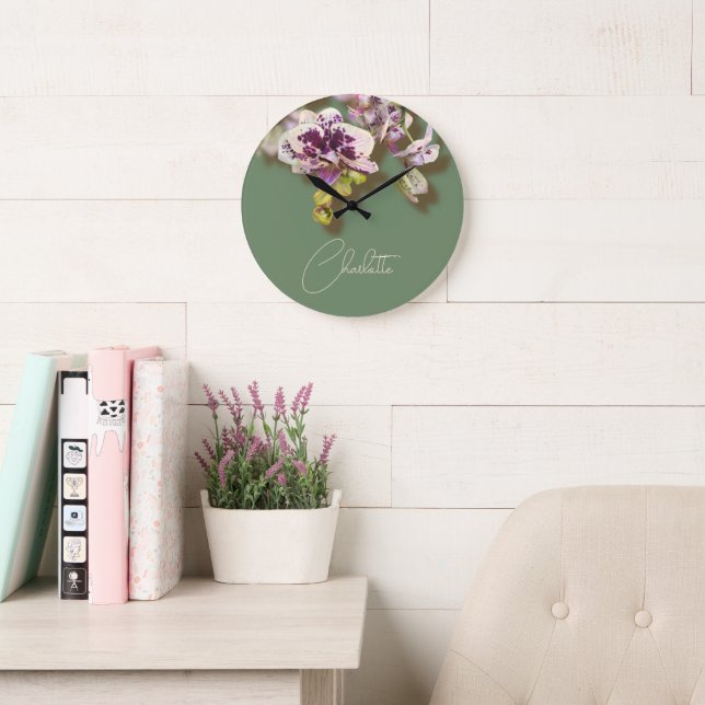 Orchids Tropical Flowers Custom Name    Large Clock (Reading Room)