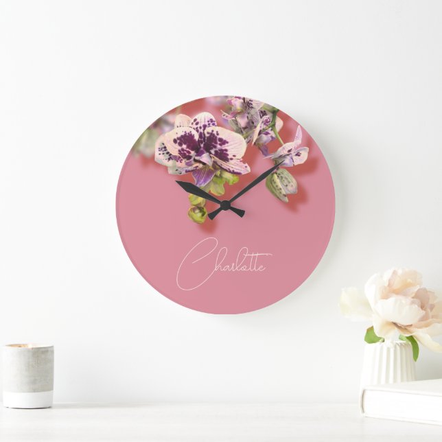 Orchids Tropical Flowers Custom Name      Large Clock (Home)