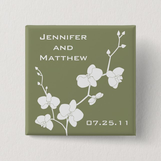 Orchids Wedding Pin - Vintage Olive and White (Front)