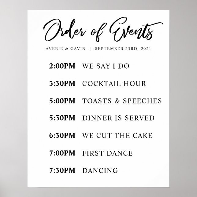Order of Events Wedding Day Schedule Poster (Front)