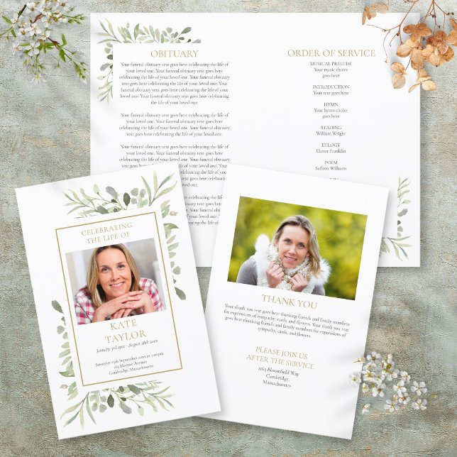 Order Of Service Greenery Funeral Memorial Program (Order Of Service Greenery Funeral Memorial Program)