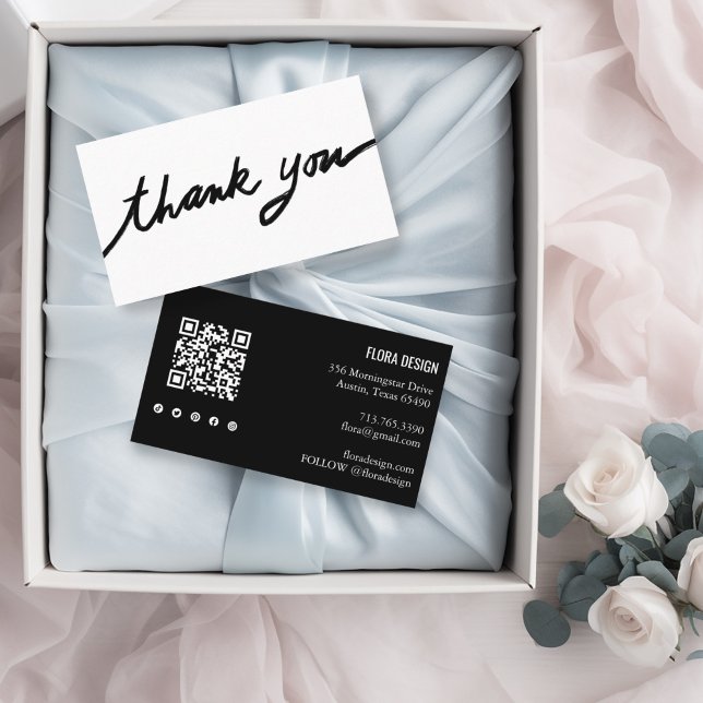 Order Thank You Custom Script QR Code Social Icons Business Card (Handmade cursive thank you business card with social icons and QR code, black and white)