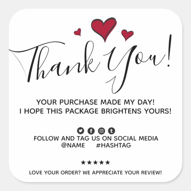 Order Thank You Purchase Made My Day Square Sticker (Front)