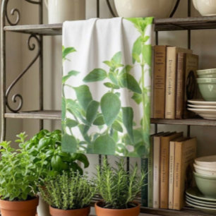 Oregano Herb Green and White Kitchen Hand Towel