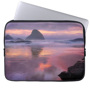 Oregon beach and sea stacks, sunset laptop sleeve