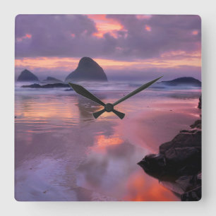 Oregon beach and sea stacks, sunset square wall clock