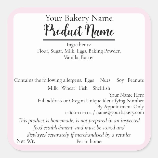 Oregon Cottage Food Business Pink Baking Label (Front)