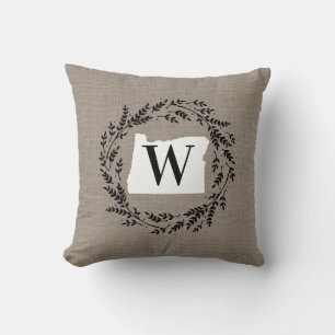 Oregon Rustic Wreath Monogram Throw Pillow