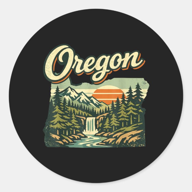 Oregon State Sunset Waterfall Mountain Forest Classic Round Sticker (Front)