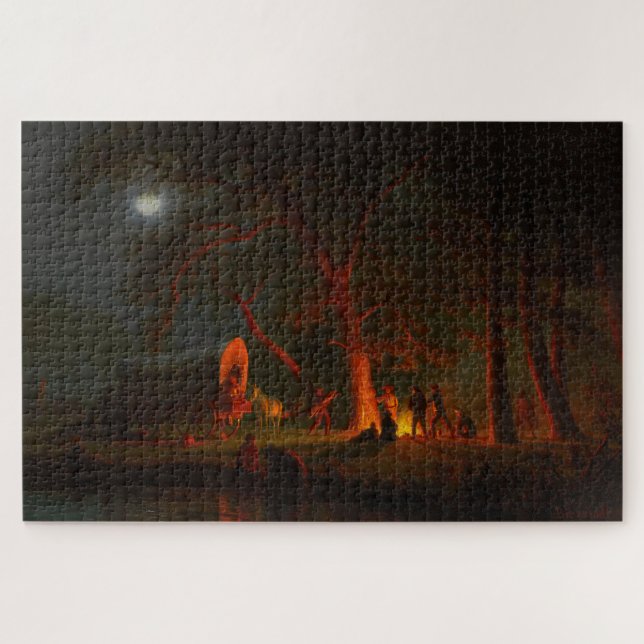 Oregon Trail Conestoga Wagon Moonlight Camp Fire Jigsaw Puzzle (Horizontal)