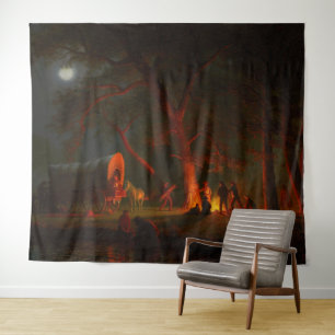 Oregon Trail Conestoga Wagon Moonlight Camp Fire Tapestry