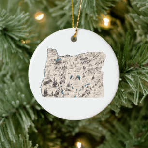 Oregon Vintage Picture Map Ceramic Tree Decoration