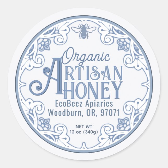 Organic ARTISAN HONEY Rustic Farmhouse Blue Bee  Classic Round Sticker (Front)