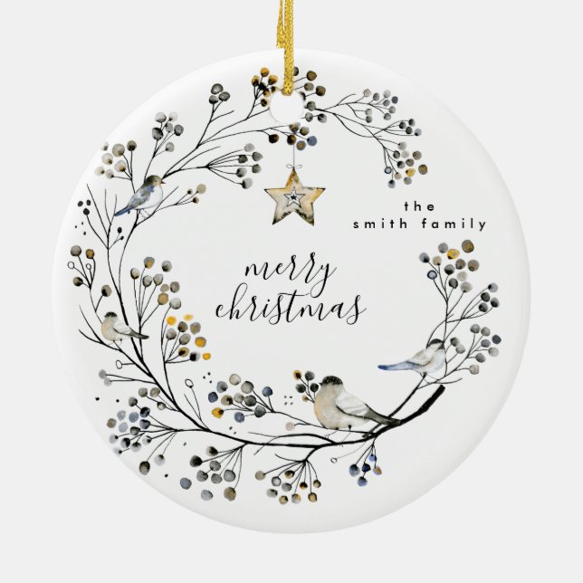 Organic Bird Merry Christmas Custom Text Ceramic Ornament (Back)
