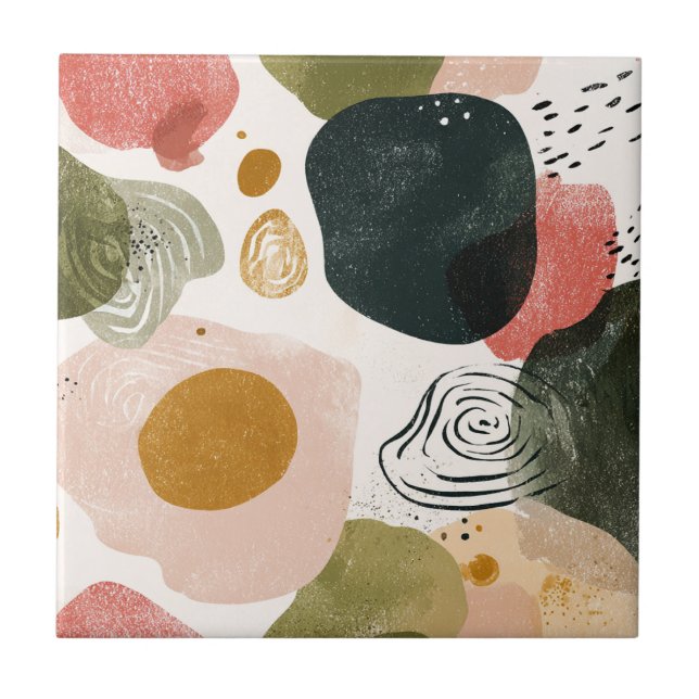 Organic Boho Abstract Pattern in Earthy Muted Tone Ceramic Tile (Front)