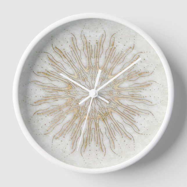 Organic boho style sunburst mandala golden white clock (Front)