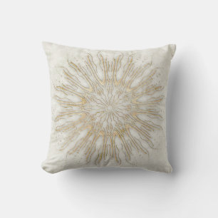 Organic boho style sunburst mandala golden white cushion