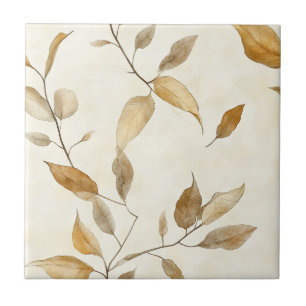 Organic Botanical Leaf and Twig Earthy Brown Ceramic Tile
