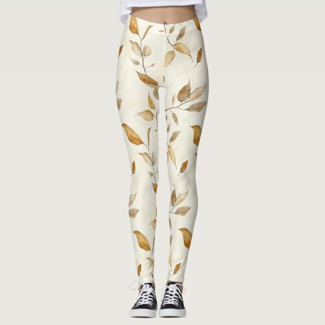 Organic Botanical Leaf and Twig Earthy Brown Leggings (Front)