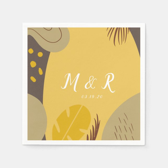 Organic Collage Monstera Wedding Earth Tone Yellow Napkin (Front)