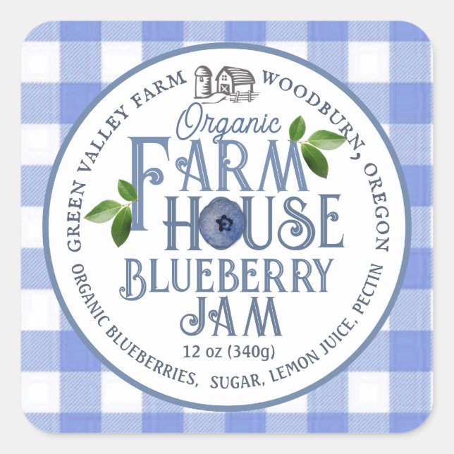 Organic Farmhouse Blueberry Jam Blue Gingham Label (Front)