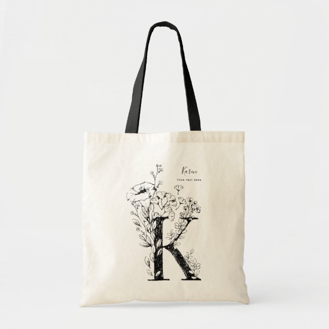 Organic farmhouse Floral Letter K monogram Tote Bag (Front)