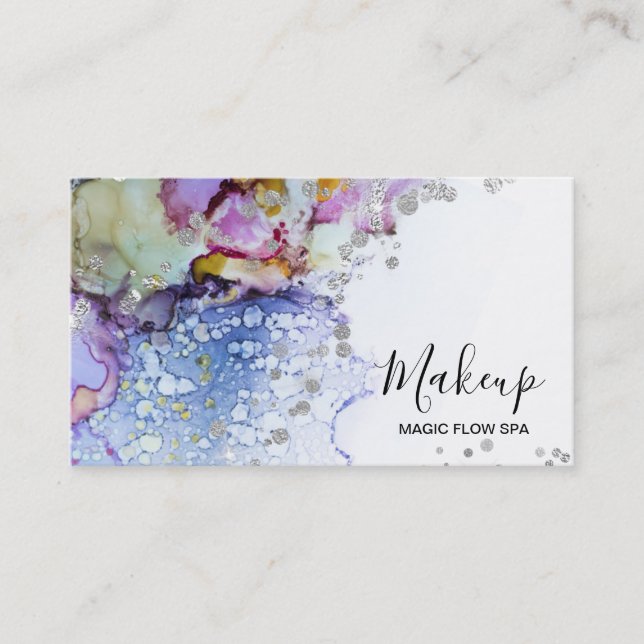 *~* Organic Flow Watercolor Abstract Glitter Blue Business Card (Front)