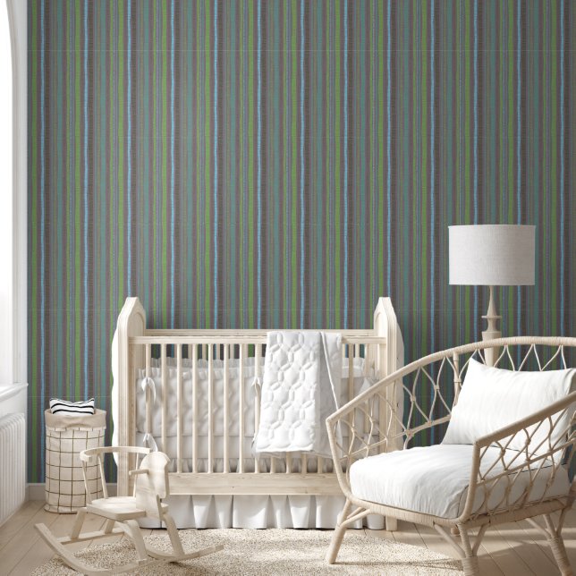 Organic Green Blue Vertical Boho Stripes Wallpaper (Kids)