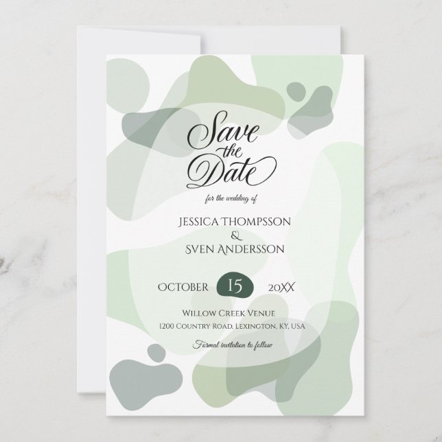 Organic Greenery Geometric Abstract Wedding Save The Date (Front)