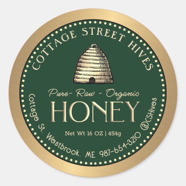 Organic Honey Label with Gold Skep Hive Green Gold (Front)