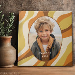 Organic Line Abstract Art - 1 Photo - Honey Colour Ceramic Tile<br><div class="desc">An organic abstract line art with warm yellow and brown colours. The modern design highlights your favourite photo. It also includes a simple font for the name and an abstract art pattern. If you need to move anything around,  click on the customise button to make changes.</div>