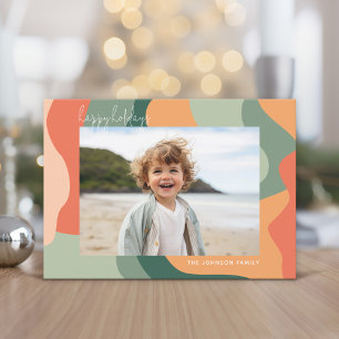 Organic Line Abstract Art - 1 Photo Jade Tangerine Holiday Card