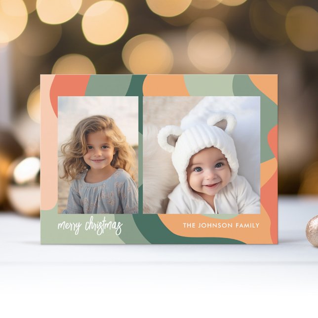 Organic Line Abstract Art - 2 Photo Jade Coral Holiday Card (Holiday Photo Greeting Card - Jade and Tangerine Organic Curves)