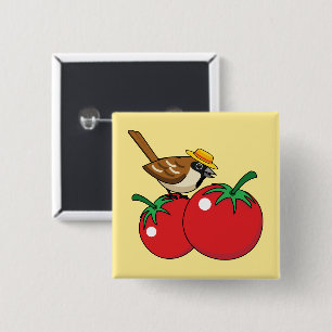 Organic Lover Sparrow Eating Red Tomato 15 Cm Square Badge