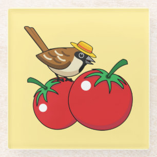 Organic Lover Sparrow Eating Red Tomato Glass Coaster