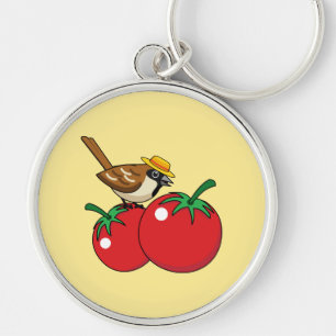 Organic Lover Sparrow Eating Red Tomato Key Ring