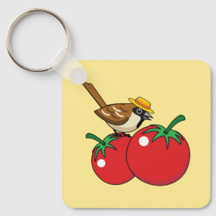Organic Lover Sparrow Eating Red Tomato Key Ring