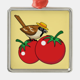 Organic Lover Sparrow Eating Red Tomato Metal Ornament